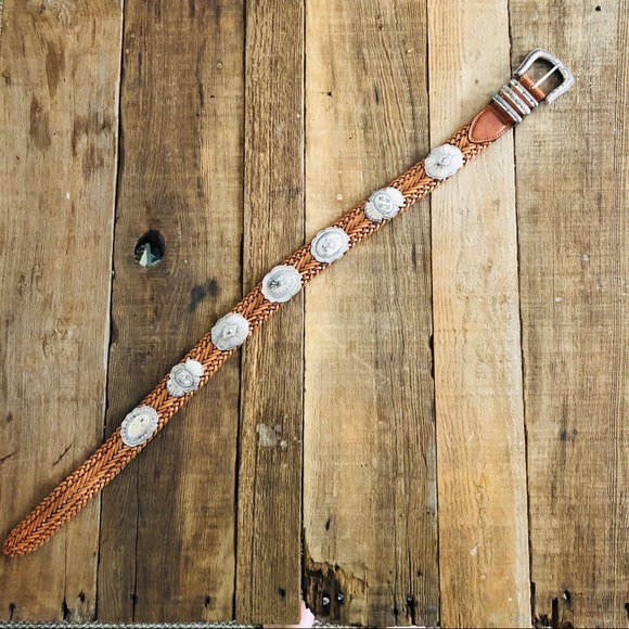 VINTAGE western leather woven belt w/ silver